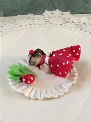 Baby girl in red polka dot outfit cake topper. Birthday, shower, party.
