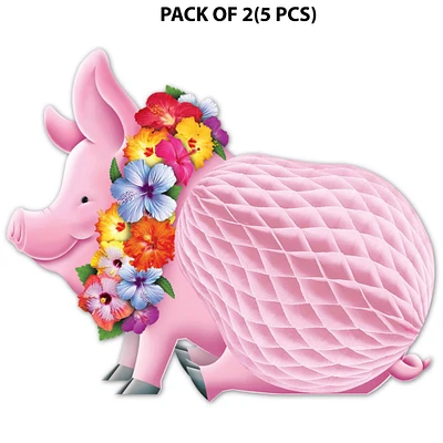 Luau Pig Tissue Centerpiece - 9 1/2 inches tall by 12 inches long by 6 inches wide | Festive Hawaiian party decor with a swine-themed centerpiece featuring a lively luau pig surrounded by tropical foliage and colorful tissue paper accents | MINA