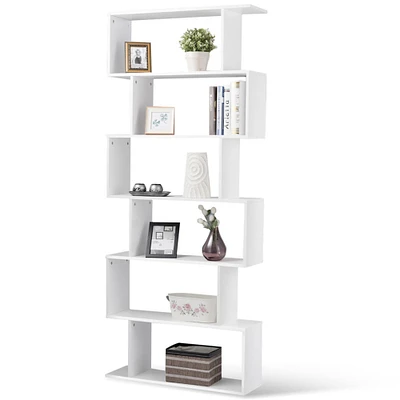 Gymax 6 Tier S-Shaped Bookcase Z-Shelf Style Storage Display Modern Bookshelf White
