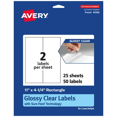 Avery Glossy Clear Rectangle Labels, 11" x 4.25"