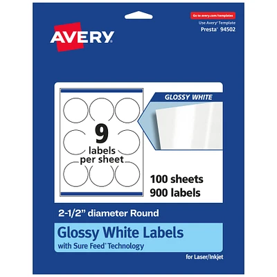 Avery Glossy White Round Labels with Sure Feed, 2.5" Diameter