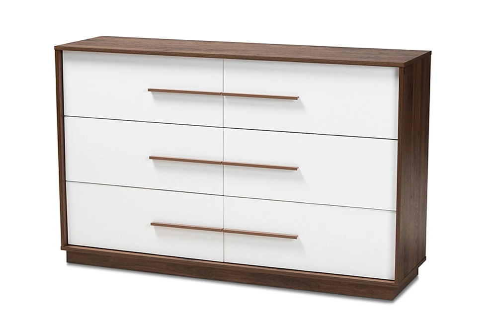 Baxton Studio Mette Mid-Century Modern White and Walnut Finished 6-Drawer Wood Dresser