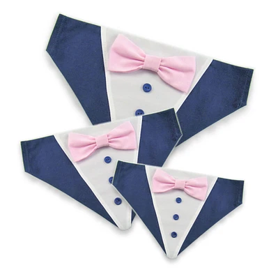 Dog Bandana with Bow Tie - "Navy Blue Tuxedo with Pink Bow Tie" - Extra Small to Large Dog - Slide on Bandana - Over The Collar - AF