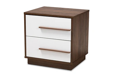 Baxton Studio Mette Mid-Century Modern Two-Tone White and Walnut Finished 2-Drawer Wood Nightstand
