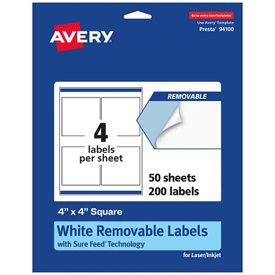 Avery Matte White Removable Square Labels with Sure Feed Technology, 4" x 4"