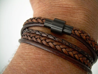 Magnetic Clasp Braided Leather Bracelet, Double Wrap Leather Bracelet, Triple Strand Bracelet, Black Clasp Bracelet, Magnetic Clasp Bracelet