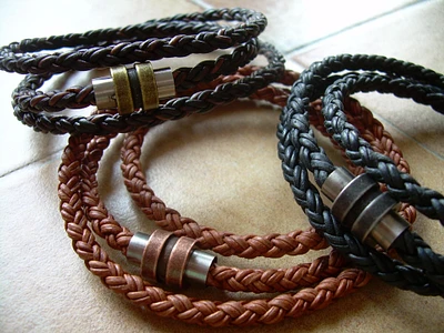 Mens Triple Wrap Leather Bracelet, Mens Bracelets Leather, Womens Leather Bracelets, Magnetic Clasp Bracelet