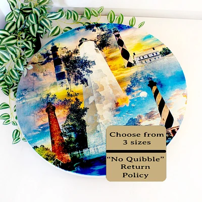 Wood Lazy Susan decorated with Beautiful Montage of North Carolina Lighthouses, A Custom large Round Wood Lazy Susan Turntable - Personalize