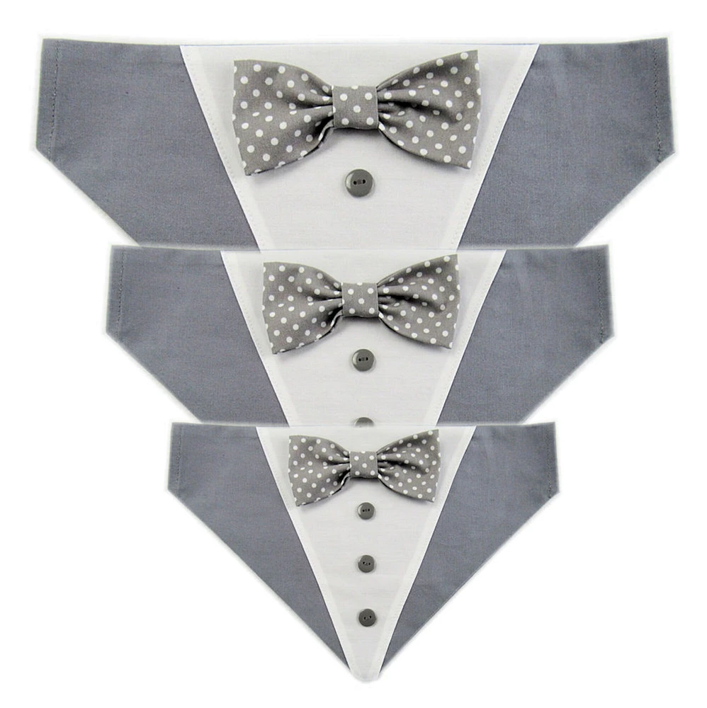 Dog Bandana with Bow Tie - "Gray Tuxedo with Gray and White Bow Tie" - Extra Small to Large Dog - Slide on Bandana - Over The Collar - AB