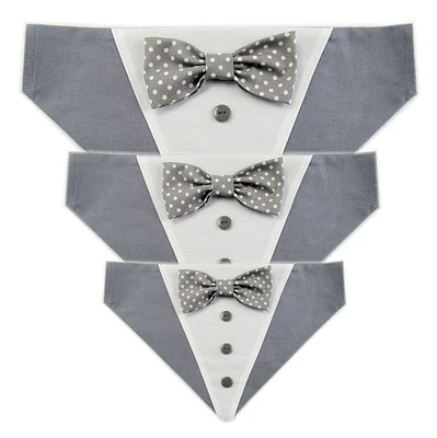 Dog Bandana with Bow Tie - "Gray Tuxedo with Gray and White Bow Tie" - Extra Small to Large Dog - Slide on Bandana - Over The Collar - AB