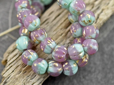 Gold Washed Dusty Rose & Mint Green Large Hole Melon Beads -- Choose Your Size