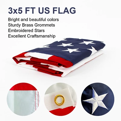 3x5 FT 210D Polyester Outdoor American Flag, Embroidered Stars, Sewn Stripes, Brass Grommets