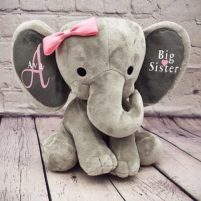 Personalized Big sister plush Pregnancy announcement elephant stuffed animal baby gift, sibling gift, keepsake, new mom