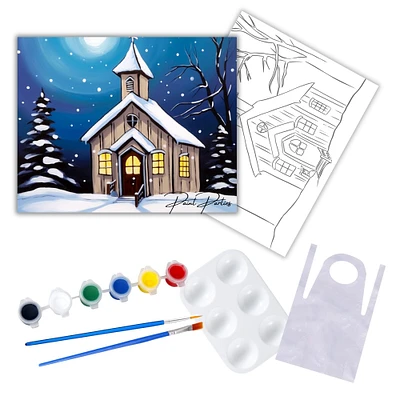 "Church House Lights" DIY Canvas Art Painting Kit, Adult Beginner, Acrylic Paint Size 11x14 inch
