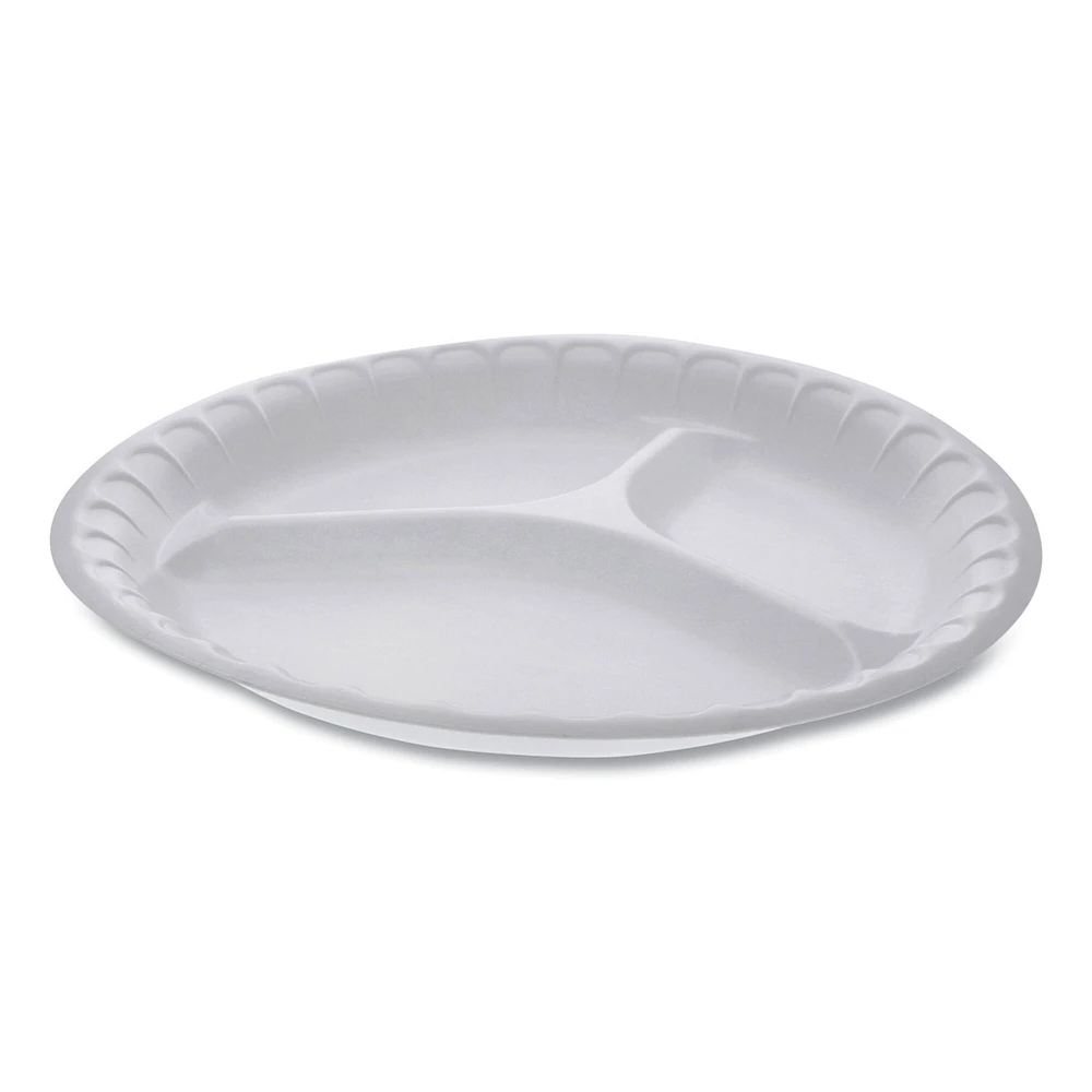 Pactiv Unlaminated Foam Dinnerware, 3-Compartment Plate, 10.25" Diameter, White, 540/Carton