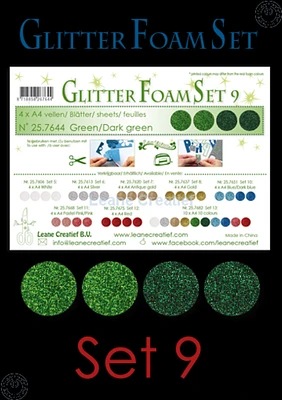 Leane Creatief Glitter Foam Set 9, 4 Sheets A4 2 Green & 2 Dark Green