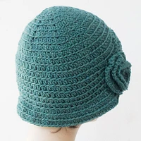 Hand Crochet Wool Cloche Hat With Flower and Leaf For Woman