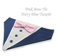 Dog Bandana with Bow Tie - "Navy Blue Tuxedo with Pink Bow Tie" - Extra Small to Large Dog - Slide on Bandana - Over The Collar - AF