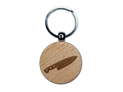 Chef Knife for Cooking Engraved Wood Round Keychain Tag Charm