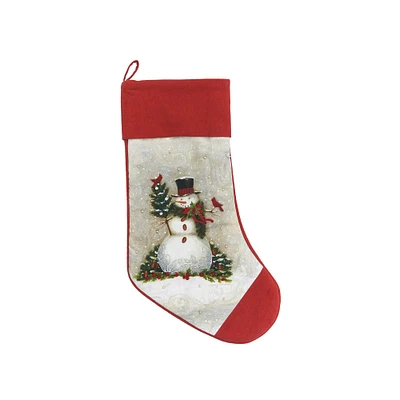 Woodland Christmas Winter Snowman Cotton Stocking with Red Cuff and Toe, 20"