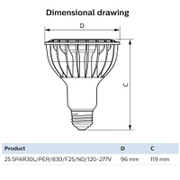 Philips 25.5w PAR30L LED Flood 25d Non-Dimmable 3000K Bright White 120-277V Bulb