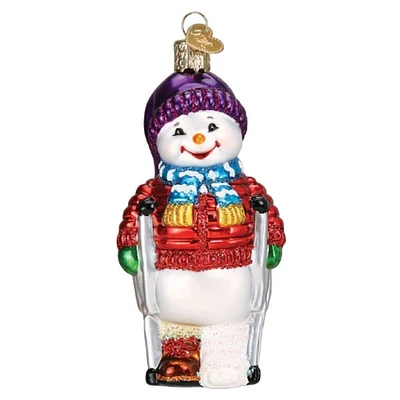 Glittery Christmas Snowman with Crutches Glass Ornament