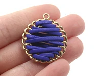 32mm Blue Imitation Leather Wrapped Flat Round Golden Alloy Pendant