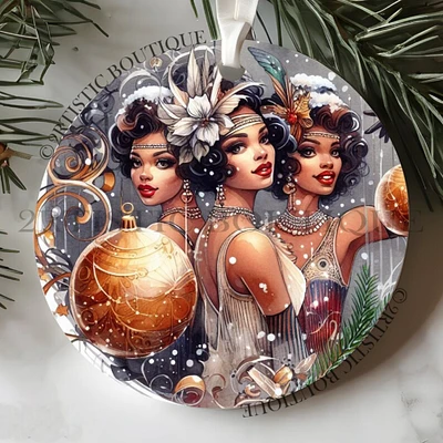 Art Deco African American Ceramic Christmas Ornament Set, Art Deco Mulatto Flapper Ornament Set