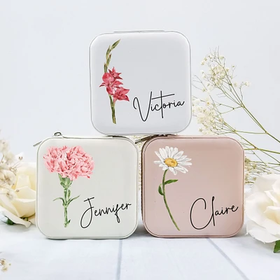 Birth Flower Jewelry Travel Case Personalized Gifts Travel Jewelry Box Birthday Gifts for Her Birth Month Flower Gift Jewelry Organizer