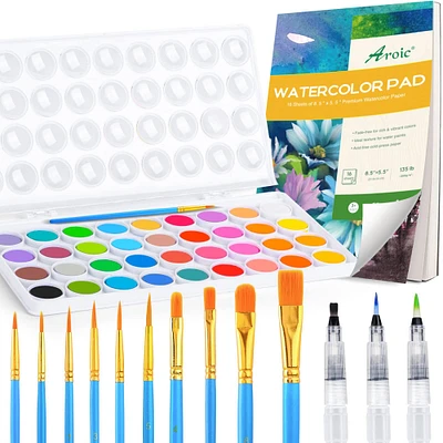 AROIC 65 Pieces Watercolor Paint Set，36 Colors Watercolor，10 Brushes，3 Refillable Water Brush Pens，16 Page Pad（8.5 * 5.5in），Profesional Watercolor Kit for Kids, Adults, Beginners