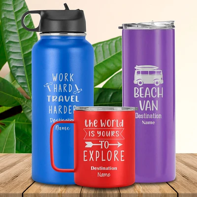 Personalized Holiday Tumbler Cup, Vacation Travel Mug, Double Insulated Travel Drinkware, Custom Laser Engraved Coffee Cup