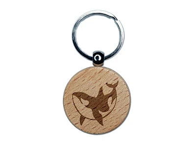 Orca Killer Whale Swimming Engraved Wood Round Keychain Tag Charm