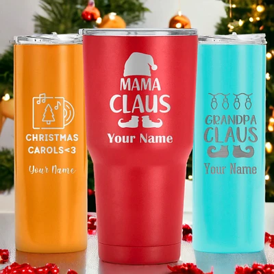 Custom Name Santa Tumbler, Laser Engraved Christmas Travel Cup, Holiday Gift, Double Insulated Santa Coffee Mug