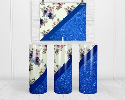 Blue Glitter and Floral 20 oz insulated tumbler with lid and straw - Skinny Tumbler