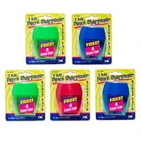 Two-Hole Pencil Sharpener w/Catcher, Bonus Erasers, Assorted Colors, Set of 12