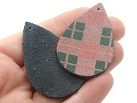 2 50mm Brown Red and Green Christmas Plaid Teardrop Leather Pendants