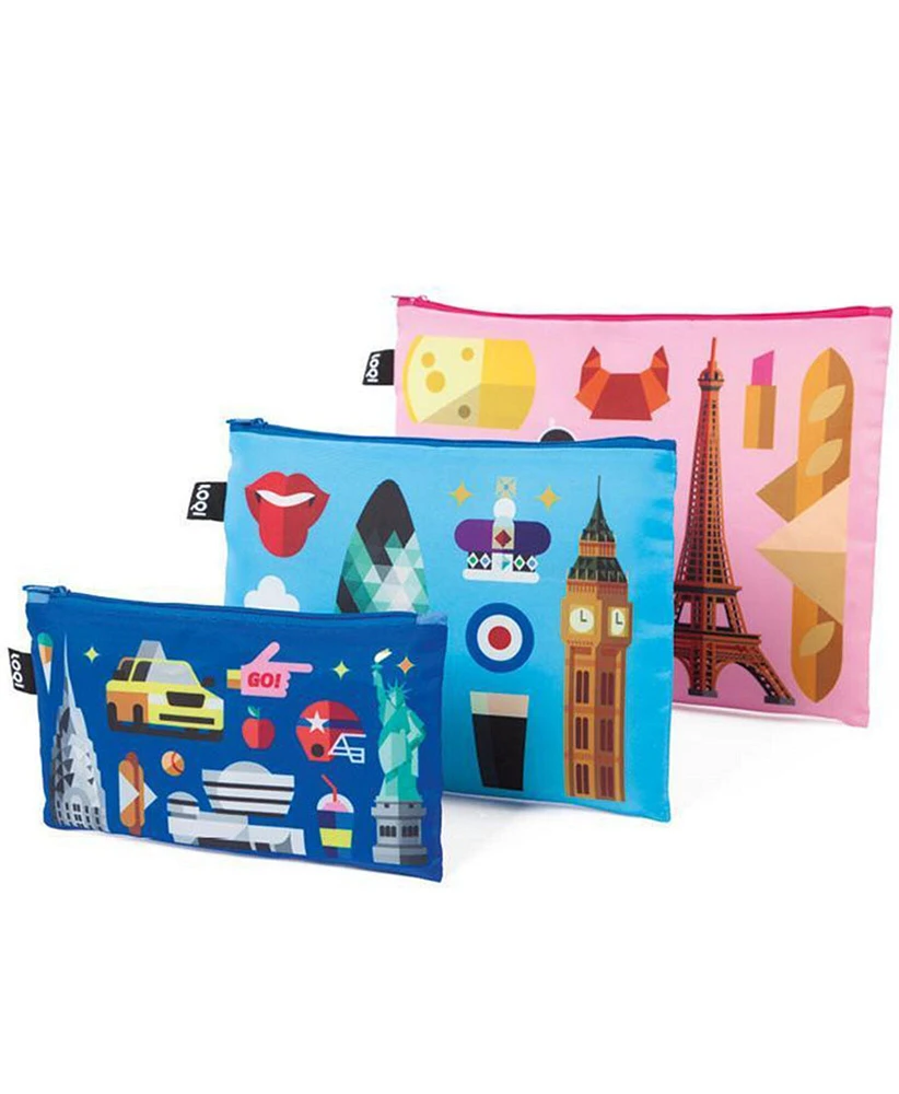 LOQI Hey Studio Zip Pockets, Set of 3, New York, London, Paris