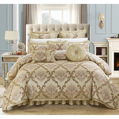 Chic Home 9 Piece Aubrey Decorator Upholstery Quality Jacquard Scroll Fabric Complete Master Bedroom Comforter Set and pillows