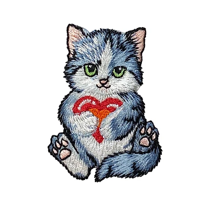 Cat with Red Heart, Kitten, Pets, Embroidered, Iron-on Patch