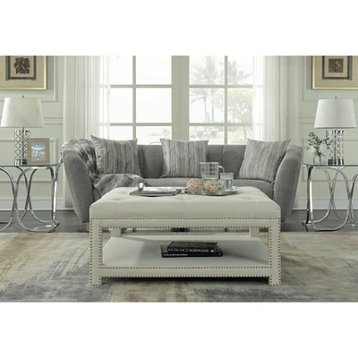 Iconic Home Quinn Coffee Table Ottoman 2-Layer Polished Nailhead Tufted Linen Bench