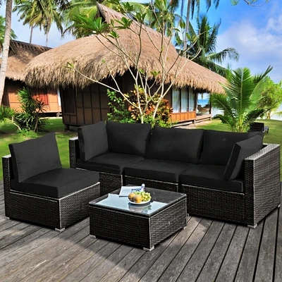 Gymax 5PCS Rattan Patio Conversation Set Sofa Furniture Set w/ Black Cushions