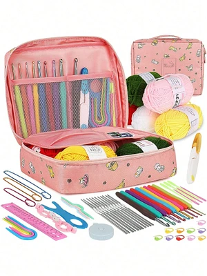 59Pcs Beginner Crochet Kit for Adults | Complete Set with Metal Hooks, Wool, Needles, Accessories, and Storage Bag | Perfect Pink Crochet Starter Kit
