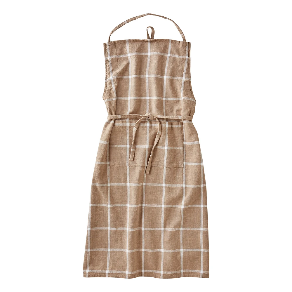 Classic Check Slub Bib Apron with Large Pocket and Waist Tie Khaki, One Size Fits Most, Machine Wash