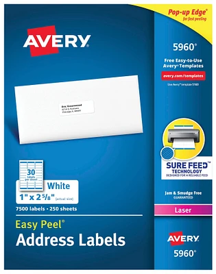 Avery Easy Peel Address Labels, Laser, 1 x 2-5/8 Inches, Pack of 7500
