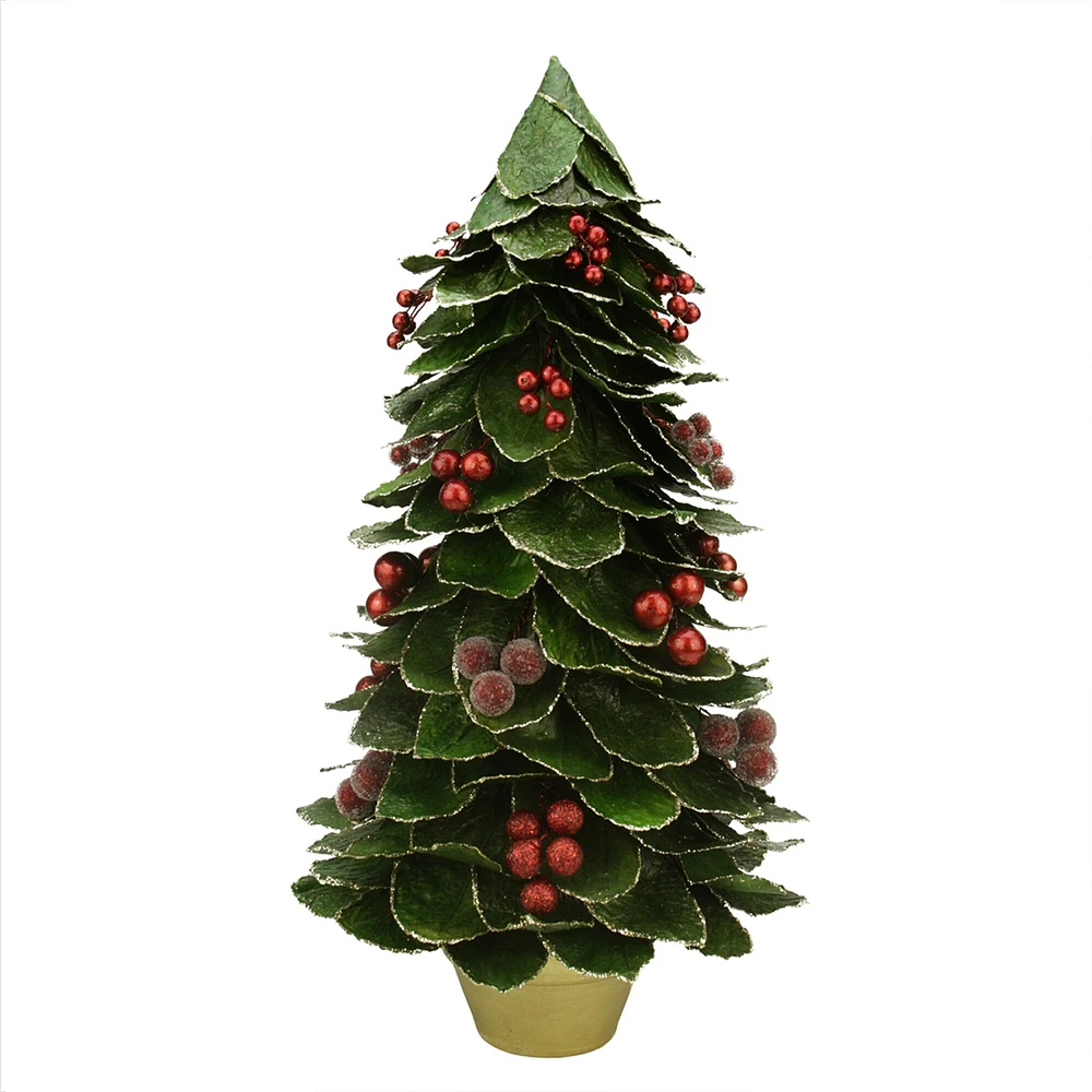 Gallerie II 18" Green and Red Holly Berry Glittered Leaf Potted Christmas Tree Tabletop Decor