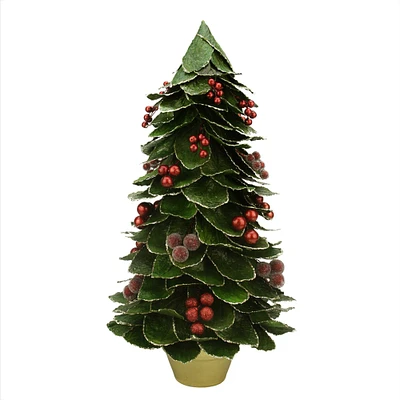 Gallerie II 18" Green and Red Holly Berry Glittered Leaf Potted Christmas Tree Tabletop Decor