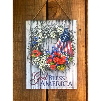 Glow Decor White and Blue "God Bless America" Printed Rectangular Wall Sign with Rope Hanger 10" x 7.5"