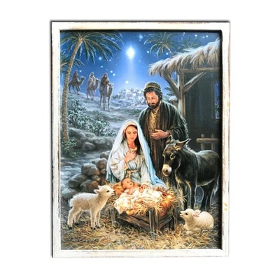 Glow Decor Blue and White Holy Family Lighted Christmas Framed Rectangular Wall Decor 24" x 18"