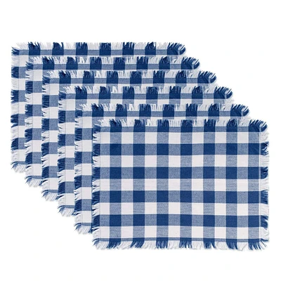 Contemporary Home Living Set of 6 Navy Blue and White Heavyweight Check Fringed Placemats 19"