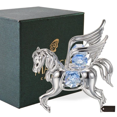 Matashi Chrome Plated Silver Pegasus Ornament with Blue Crystals by
